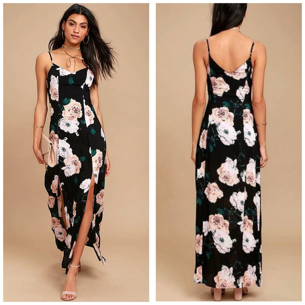 NWT Lulu Peony For Your Thoughts Black Floral Print Maxi Dress Size XS